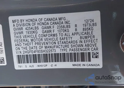 2025 Honda Civic Hybrid Sport/Sport Touring из США, поврежденный, VIN 2HGFE4F80SH322573